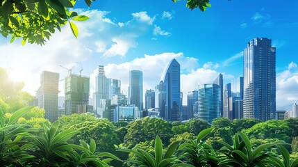 A vibrant urban skyline surrounded by lush greenery, showcasing the blend of nature and modern architecture under a bright blue sky.