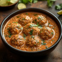A bowl of delicious Indian kofta curry, garnished with fresh cilantro and a drizzle of cream, showcasing traditional Indian flavors and spices.