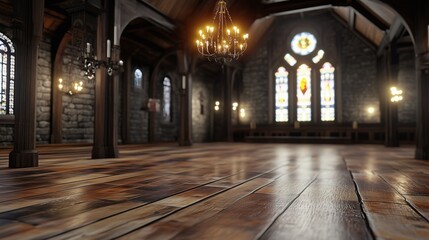 Obraz premium A serene empty church interior featuring wooden floors, stone walls, chandeliers, and stained glass windows illuminating the space.
