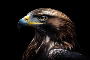 Fototapeta premium Photo of a Golden eagle isolated against a black background, emphasising the Golden eagle's majestic features. Wildlife and conservation concept, space for copy.
