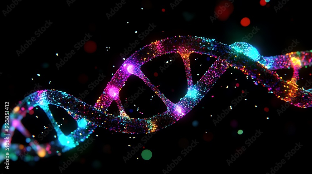 Poster illuminated fluorescent dna double helix on dark background with neon particles - high detail macro 
