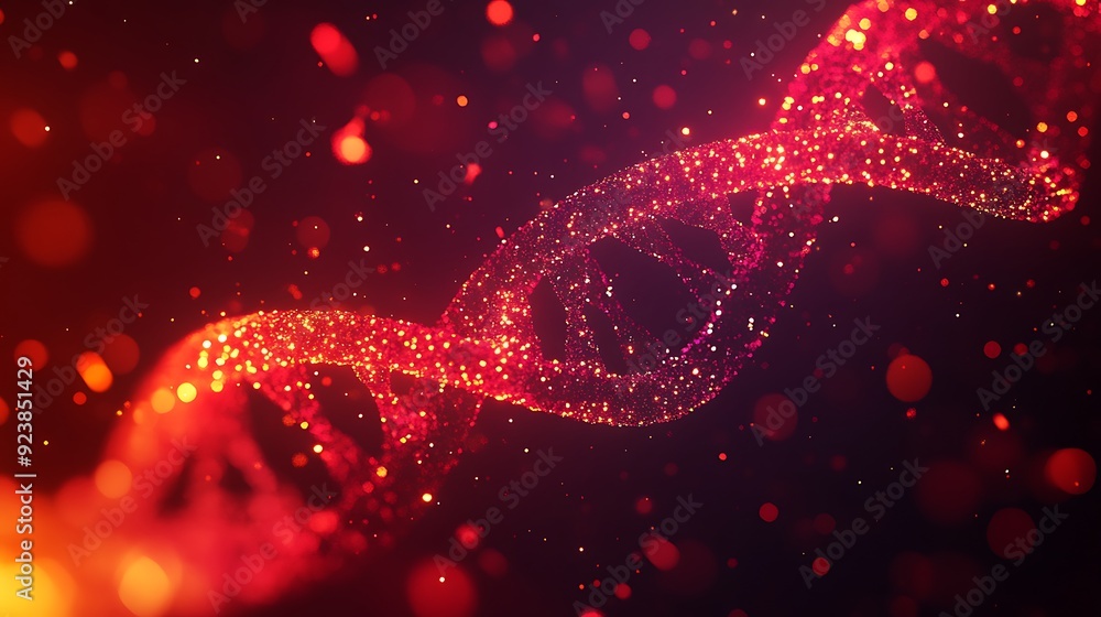 Poster illuminated protein structure in close-up on dark red background with glittering particles - high de