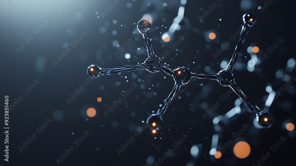 Poster illuminated translucent molecular structure in macro photography on dark gray background