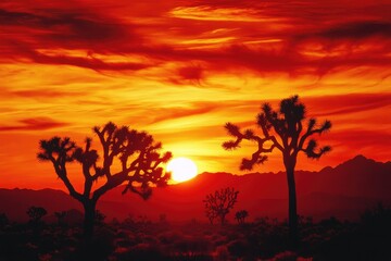 Obraz premium Joshua Tree Silhouette at Sunset: Iconic Landscape with Red and Orange Sky