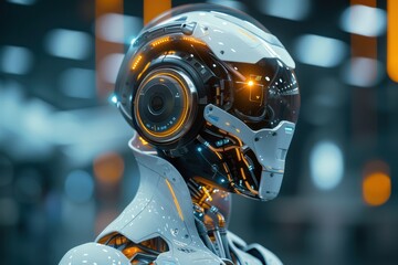 Fototapeta premium Close-up of a Futuristic Robot's Head with Glowing Lights