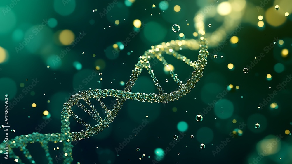 Poster illuminated prismatic dna model on dark green background with floating particles - macro photography