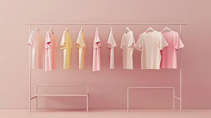 Clothes on rack, shelf on white and beige background. T-shirts hanging on a rack in pastel pink. Store concept.