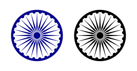 Ashoka chakra icon set blue and black color. Ashoka Chakra-symbol from the flag of India. Ashoka Wheel for Indian Independence Day. Flat design vector illustration.