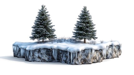 Arctic Winter Scene - Snow-Covered Island with Pine Trees and Ice Formations in Realistic Illustration Style on White Background