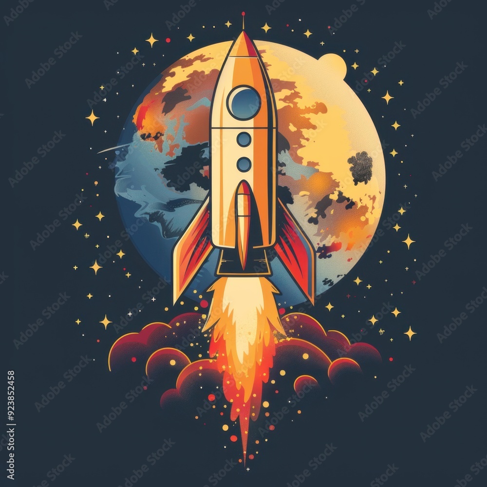 Poster rocket launching towards mars with flaming tail