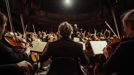 Musicians of a full orchestra intensely playing during a live concert, conductor guiding the symphony on stage.