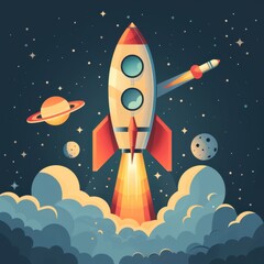 Retro Rocket Launching Through Space With Stars and Planets
