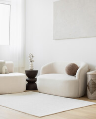 View of modern scandinavian style interior with sofa, Home staging and minimalism concept