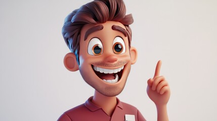 Happy cartoon man with a big smile pointing up with his finger.
