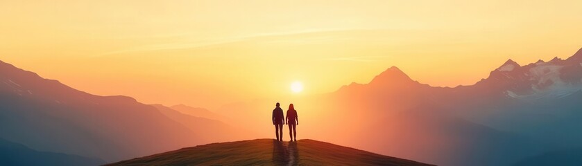 Fototapeta premium Serene mountain trail with hikers enjoying the scenery, early morning light