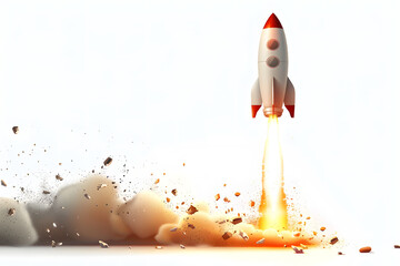 Rocket isolated on white background Vector Rocket,Rocket Launch Explosion, A dynamic image of a rocket launching into the air, leaving behind an explosive cloud of debris and smoke. The fiery exhaust 