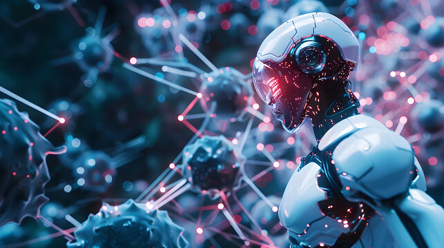 Robot system cloud storage icon plexus science atomic, Futuristic Cyborg in Digital Network, A visually striking depiction of a futuristic cyborg surrounded by a complex digital network. The image com