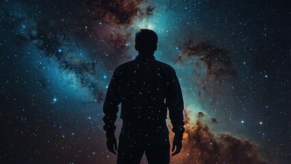 Fototapeta premium Silhouette of a Man Standing Before a Starry Night Sky
