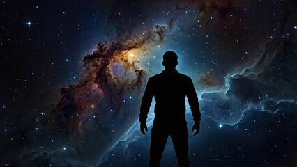 Silhouette of a Man Standing Before a Starry Night Sky