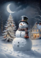 Obraz premium A cheerful snowman stands in the forest near a decorated Christmas tree
