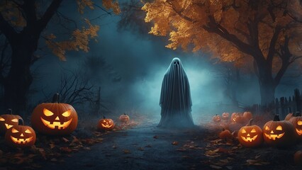 Spooky Ghost Decoration Surrounded by Carved Pumpkins for Halloween Night Festivities