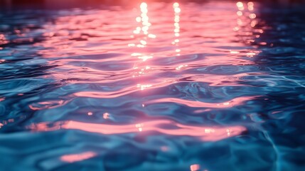 Rippling water surface reflecting pink and purple hues at sunset near a swimming pool