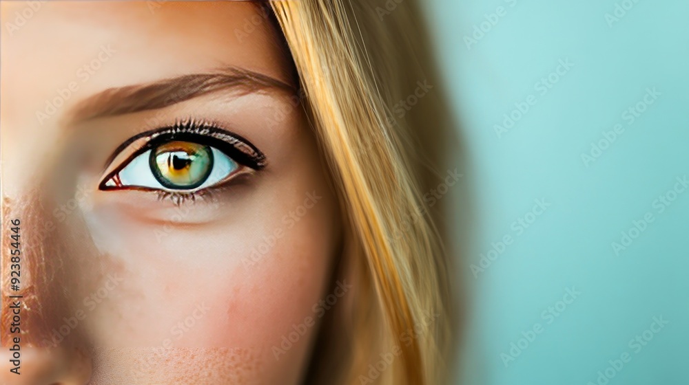 Canvas Prints Close-up of a woman's green eye with blonde hair and blue background.