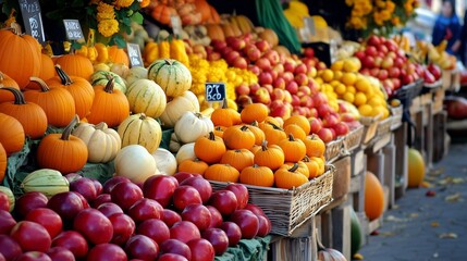 Vibrant display of pumpkins, apples, and gourds at a farmer's market, showcasing fresh fall produce...