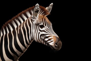 Fototapeta premium Photo of a zebra isolated against a black background, emphasising the zebra's majestic features. Wildlife and conservation concept, space for copy.