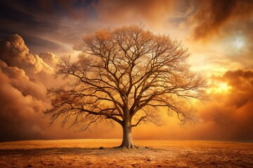 Obraz premium Isolated dry brown tree stands against a warm, earthy-toned background, evoking a sense of autumn's decay and the cyclical nature of life and seasons.