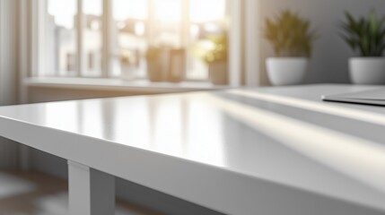 Bright, modern office desk by a sunlit window with green plants, creating a serene and productive workspace.