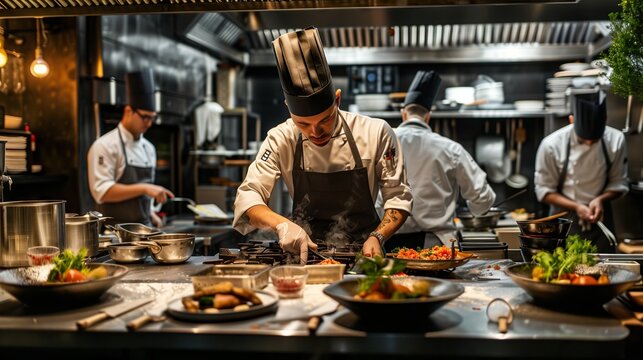 Experience chefs creating stunning dishes in a vibrant kitchen for unforgettable dining!