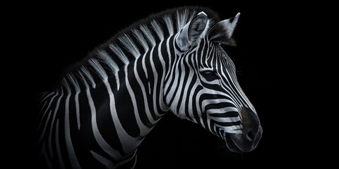 Fototapeta premium Photo of a zebra isolated against a black background, emphasising the zebra's majestic features. Wildlife and conservation concept, space for copy.