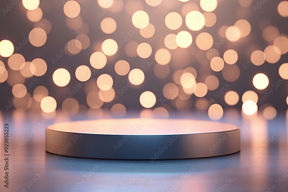 Poster round empty stage illuminated by spotlights with a blurry background