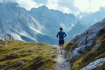 Man Running Up Mountain. Trail Running for Fitness in the Natural Exclusive Scenery