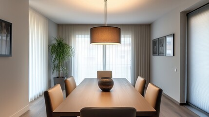 A modern dining room featuring a wooden table, pendant light, indoor plant, and minimalist decor with large windows and curtains.