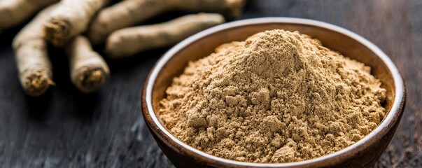 Close-up of Ashwagandha powder in a bowl with roots on a dark wooden surface, Natural healing, Earthy depiction of this adaptogenic herb used in holistic health