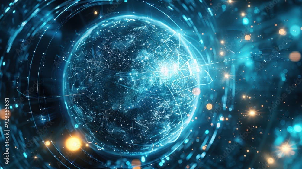 Poster a digital globe with a network of connected points and glowing lights