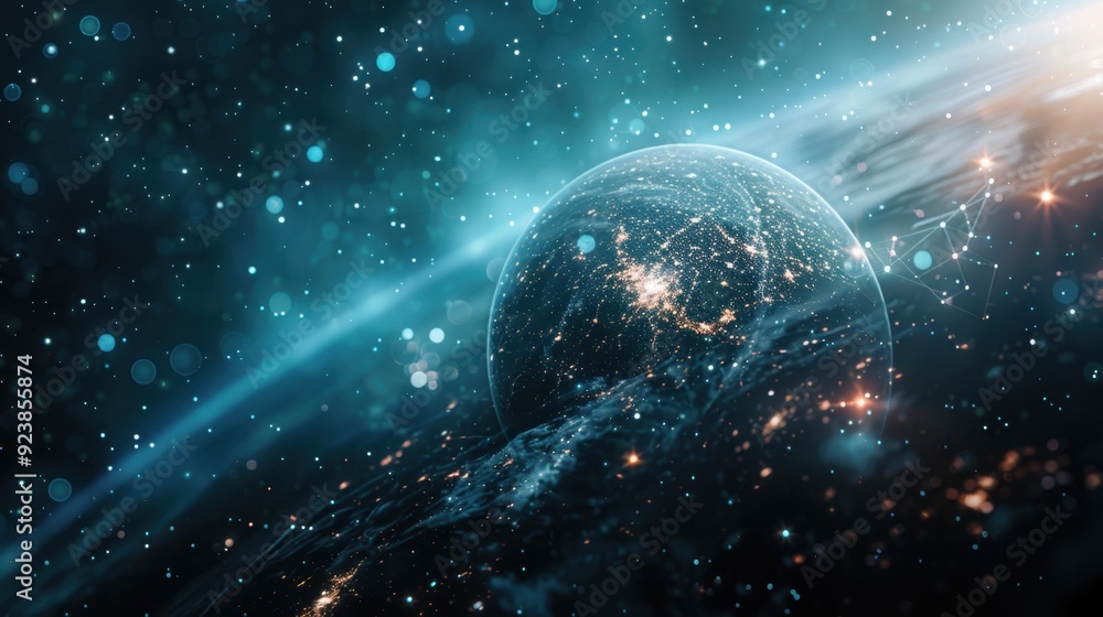 Poster illuminated planet with connected network of stars in space