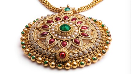 Obraz premium Elegant imitation gold necklace featuring a large, intricately engraved pendant adorned with sparkling precious stones, exuding luxury and sophistication.