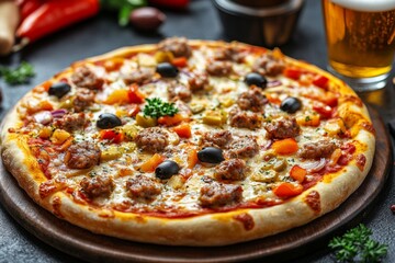 A classic meat pizza loaded with sausage, onions, and bell peppers, paired with a glass of beer on a rustic wooden table.
