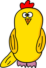 The image shows a funny cartoon character in the form of a yellow chick with a red comb on its head, large eyes, a small triangular orange beak, and downward-pointing wings.