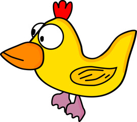 The image features a funny cartoon character in the form of a yellow bird with a large orange beak, a red comb on its head, and wide, expressive eyes. 