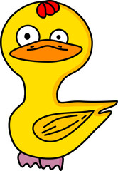 The image features a funny cartoon character in the form of a yellow duck with large eyes, a wide orange beak, and a red comb on its head. The duck has a simplified design and stands on its back legs.