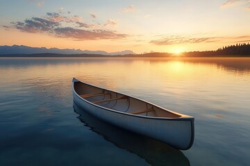 Sunset over a tranquil lake with a canoe in the foreground, golden hour lighting