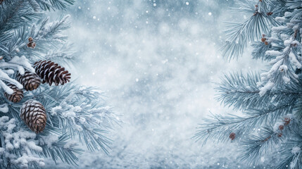 Icy blue backdrop with snowy pine branches and twinkling lights