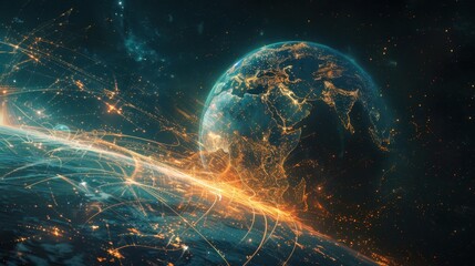 Earth Illuminated by City Lights and Interconnected by Network Lines in Space