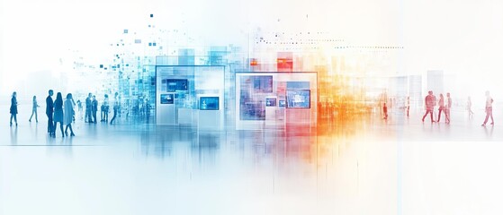 A panoramic view of an online job fair, with recruiters and job seekers interacting through video conferencing booths