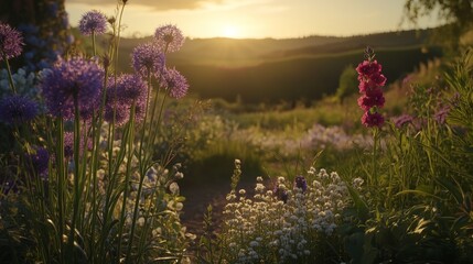 Naklejka premium A serene field of wildflowers basking in the warm glow of a sunset, showcasing vivid colors and natural beauty.