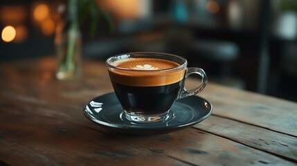 Fototapeta premium A rich, freshly brewed espresso served in a glass cup, placed on a dark, textured surface, creating a warm and inviting ambiance. 